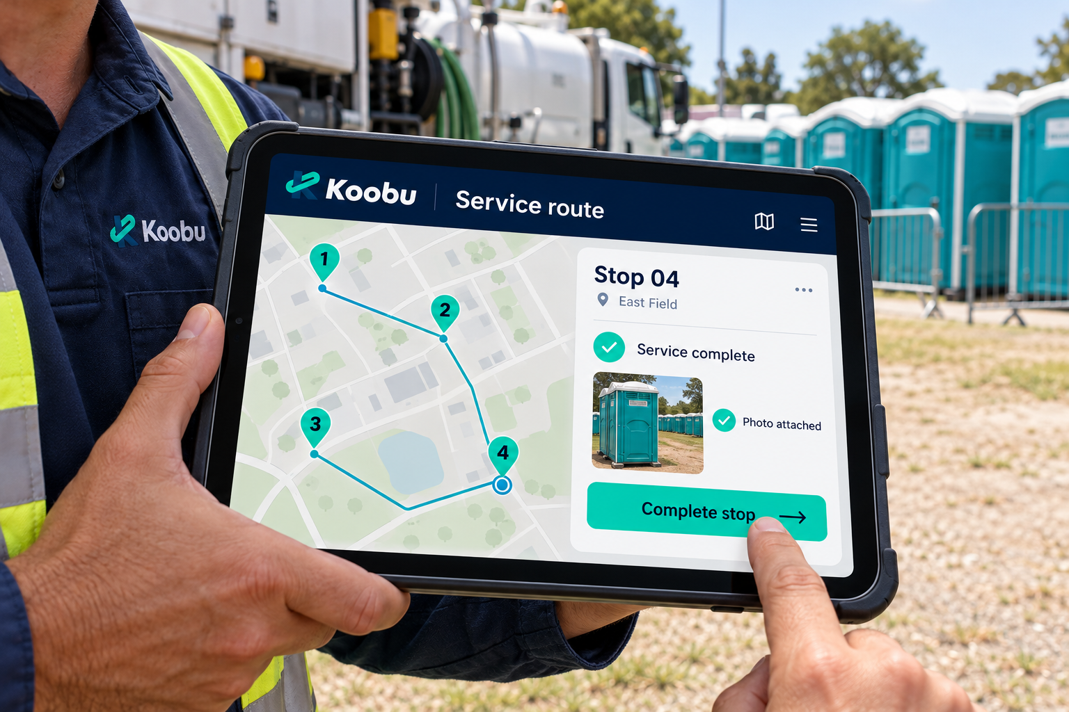 Route operator beside a parked service truck completes a stop on a rugged iPad with a photo attached.