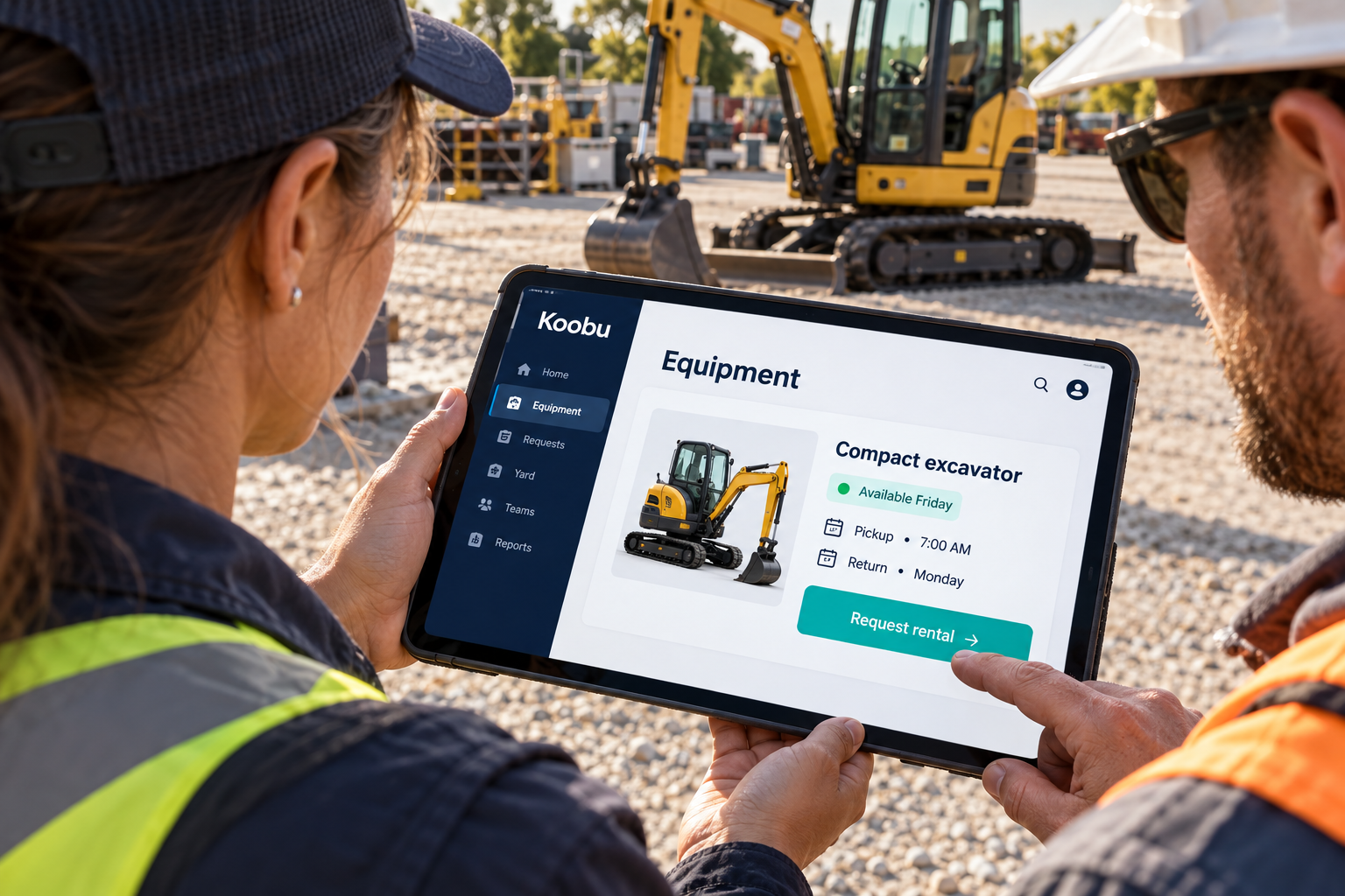Yard coordinator and foreman use an iPad to review equipment availability, pickup and return windows.