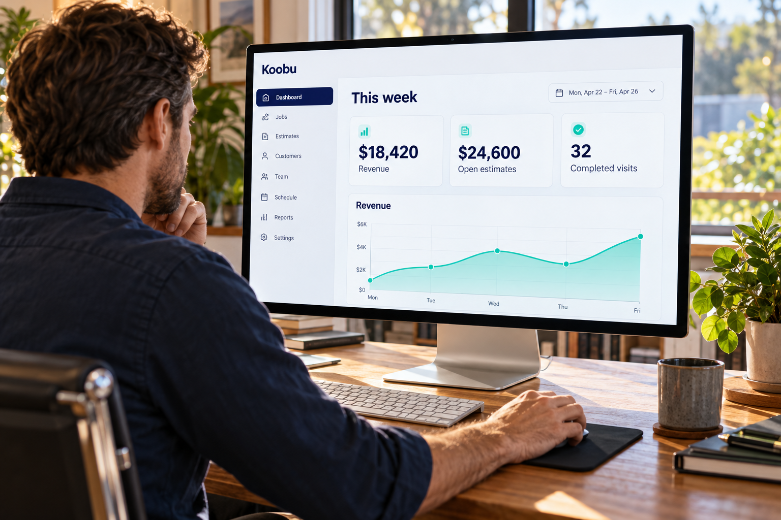 Business owner reviewing weekly revenue and open estimates on desktop